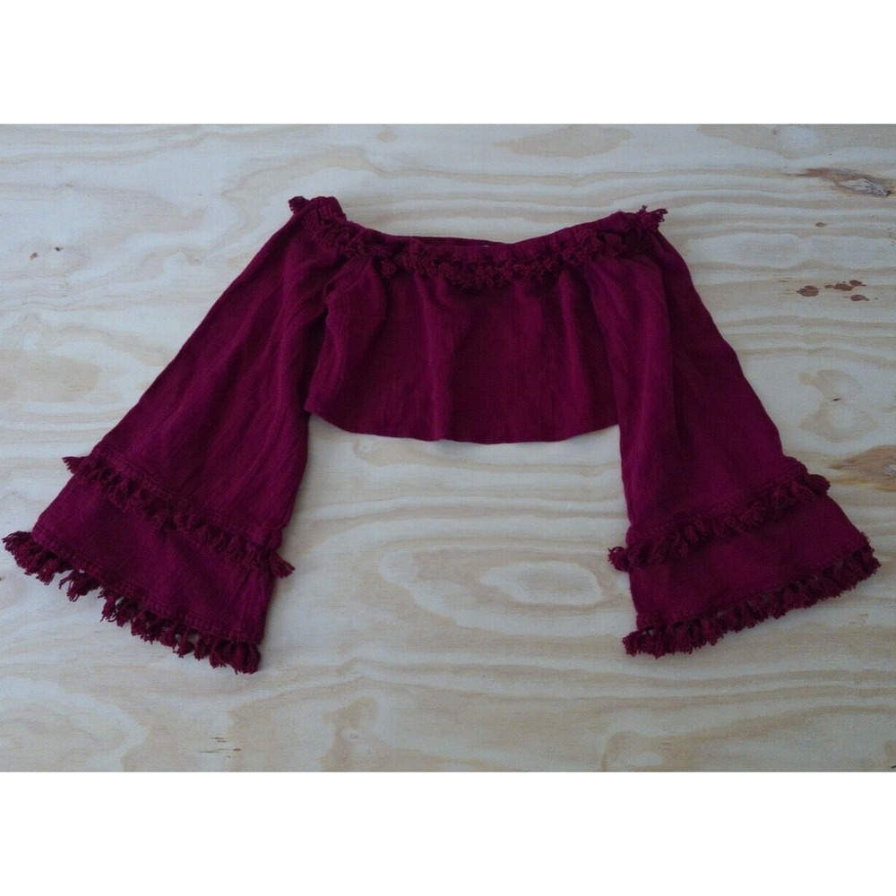 Native Daughters Crop Top Tassel Long Sleeve Sz Large L Boho Wine Red Indigenous